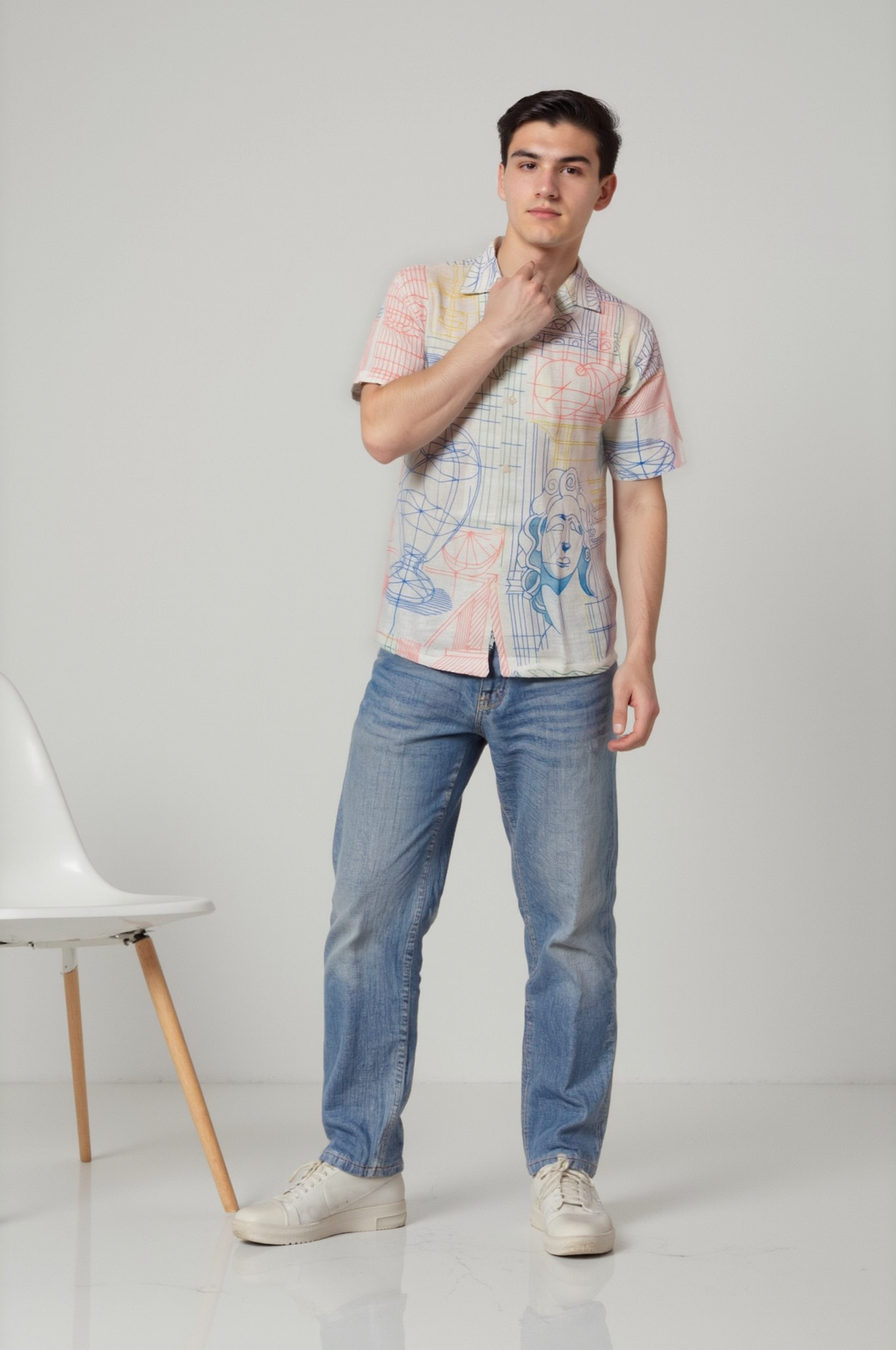 Men’s Cuban Collar Blue Graphic Print Shirt