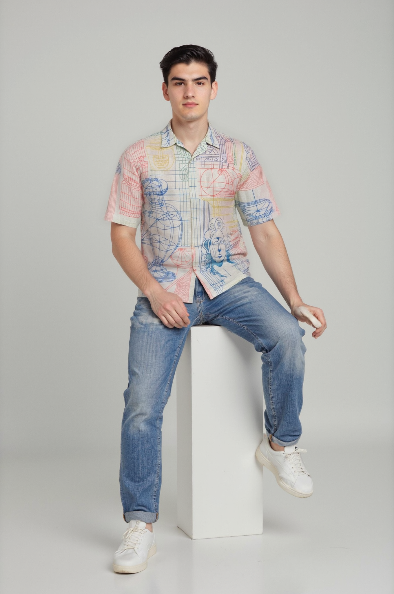 Men’s Cuban Collar Blue Graphic Print Shirt