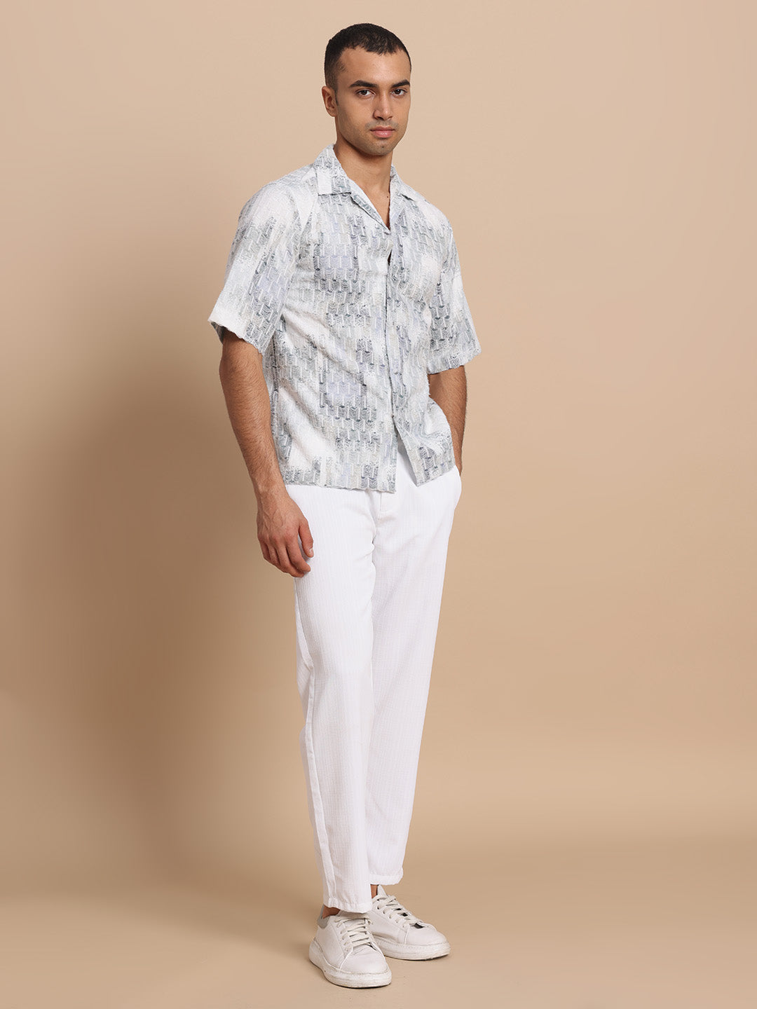 Men’s Cuban Collar White Threads Shirt