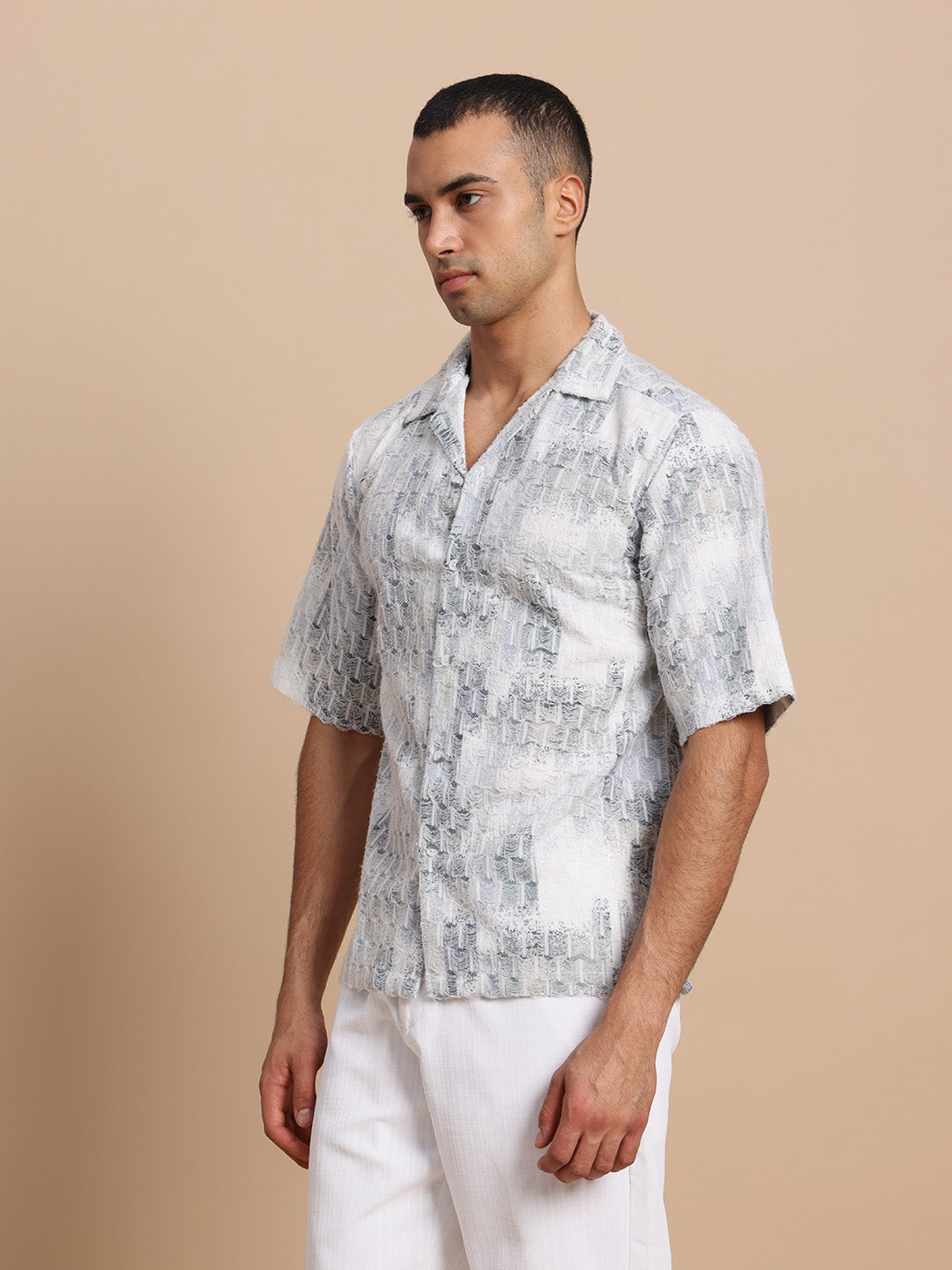 Men’s Cuban Collar White Threads Shirt