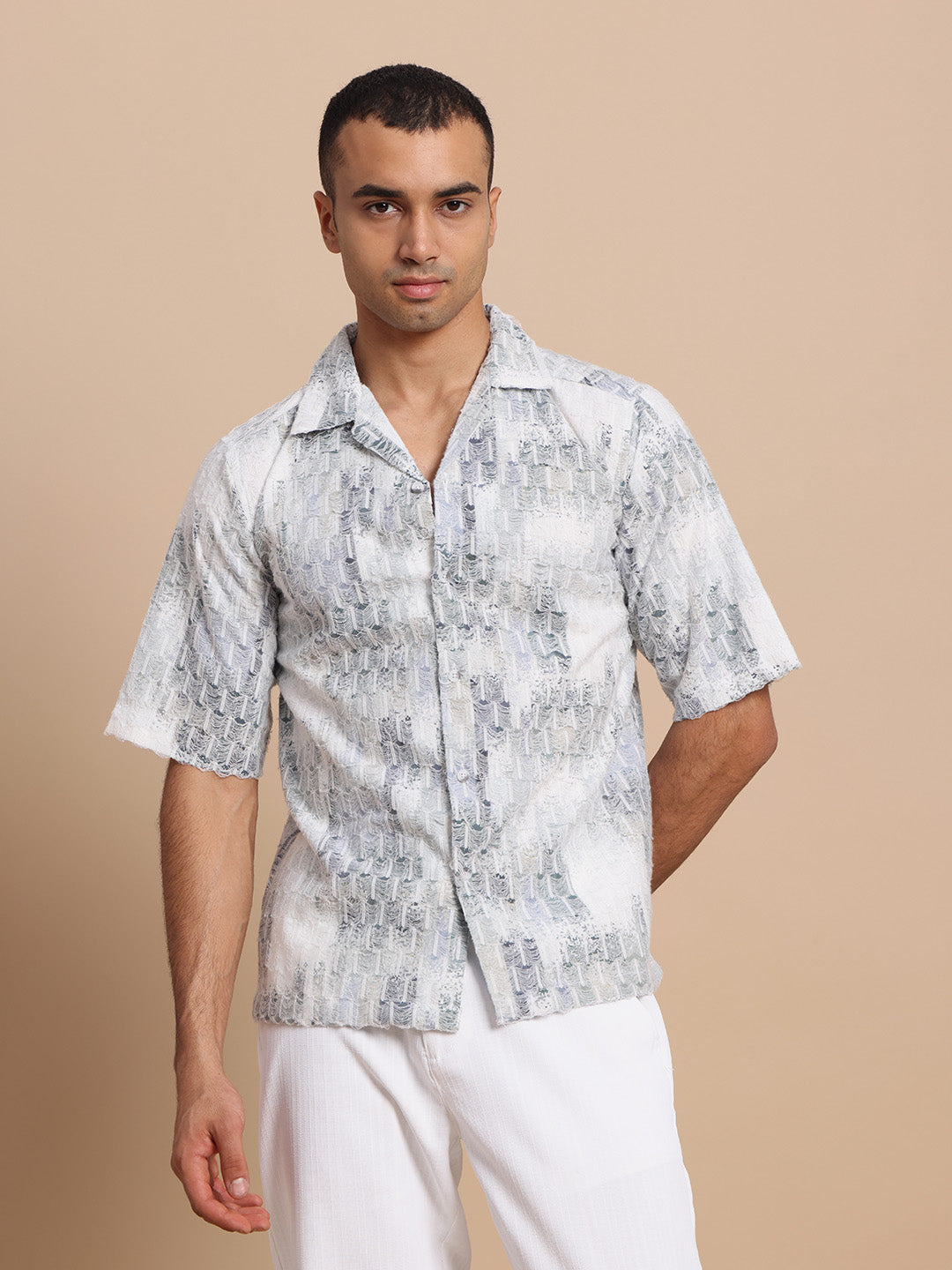 Men’s Cuban Collar White Threads Shirt
