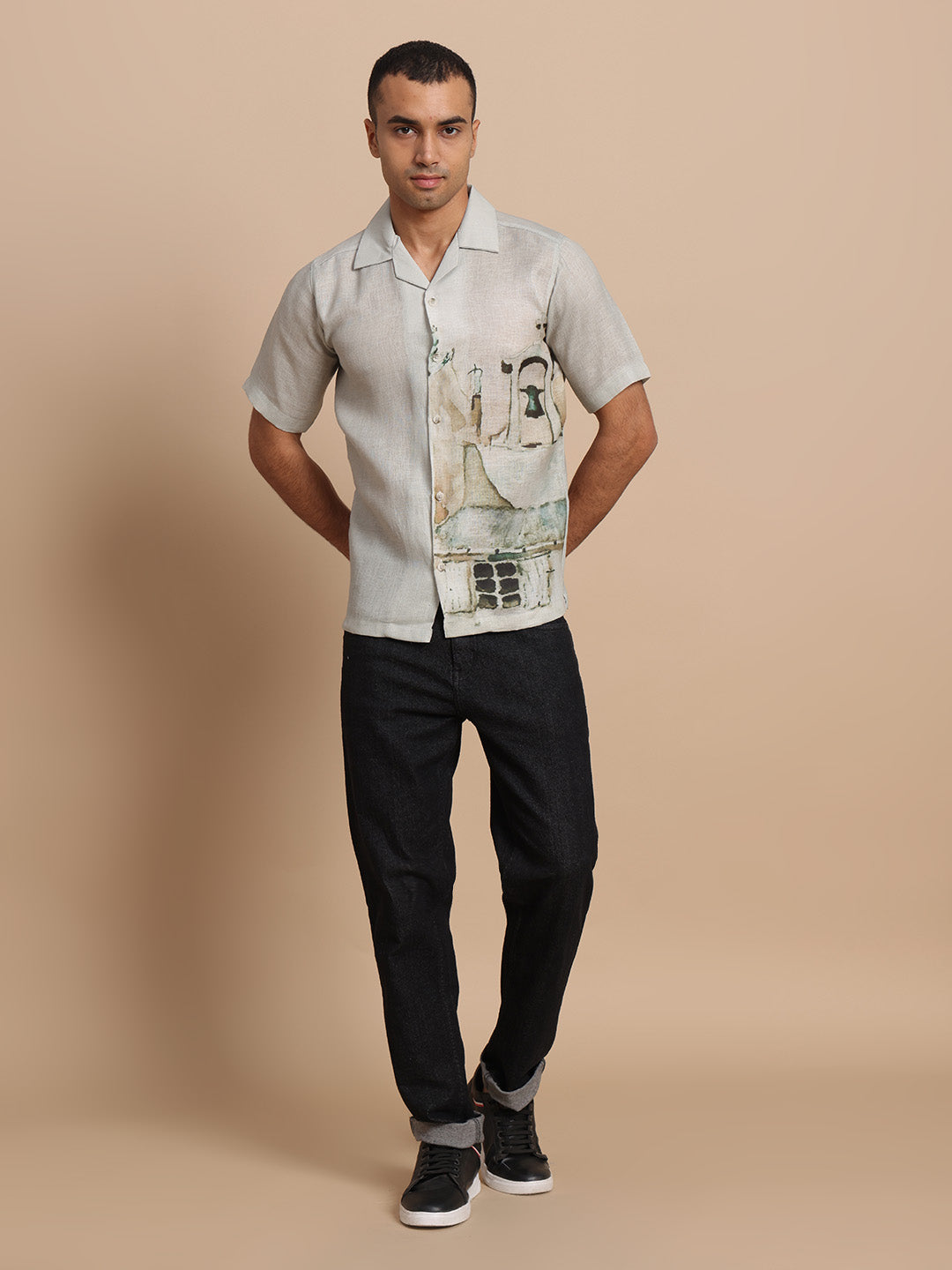 Men’s Cuban Collar Black Grey Print Shirt