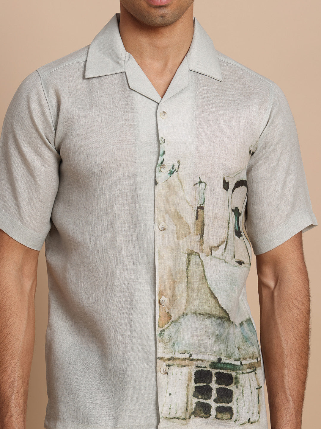 Men’s Cuban Collar Black Grey Print Shirt