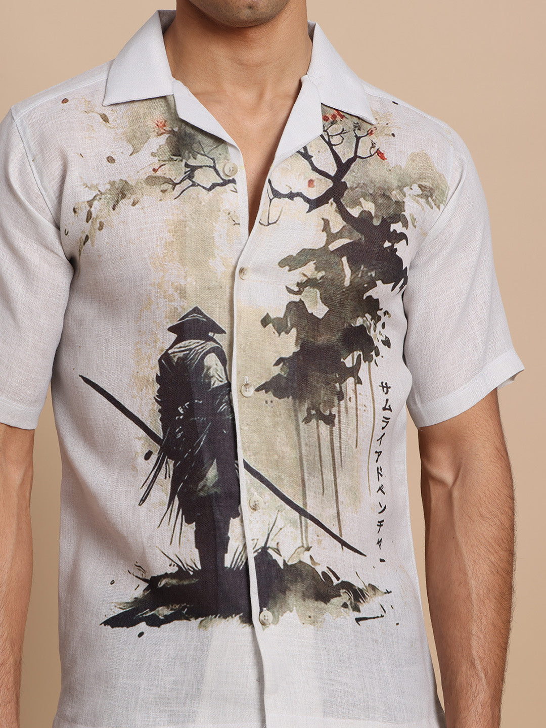 Cuban Collar Shirts Grey Forest print
