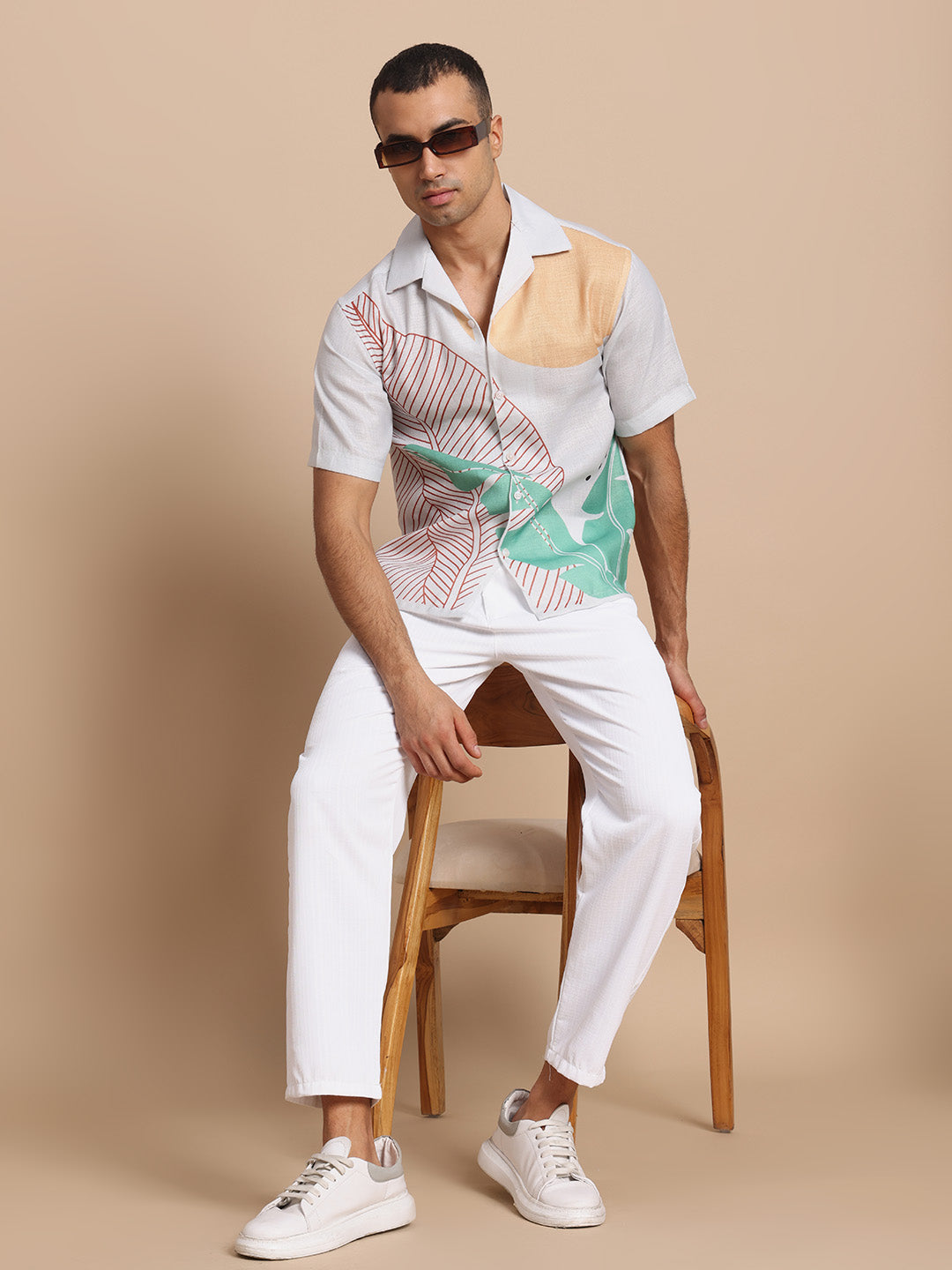 Men’s Cuban Collar Yellow and Green Print Shirt