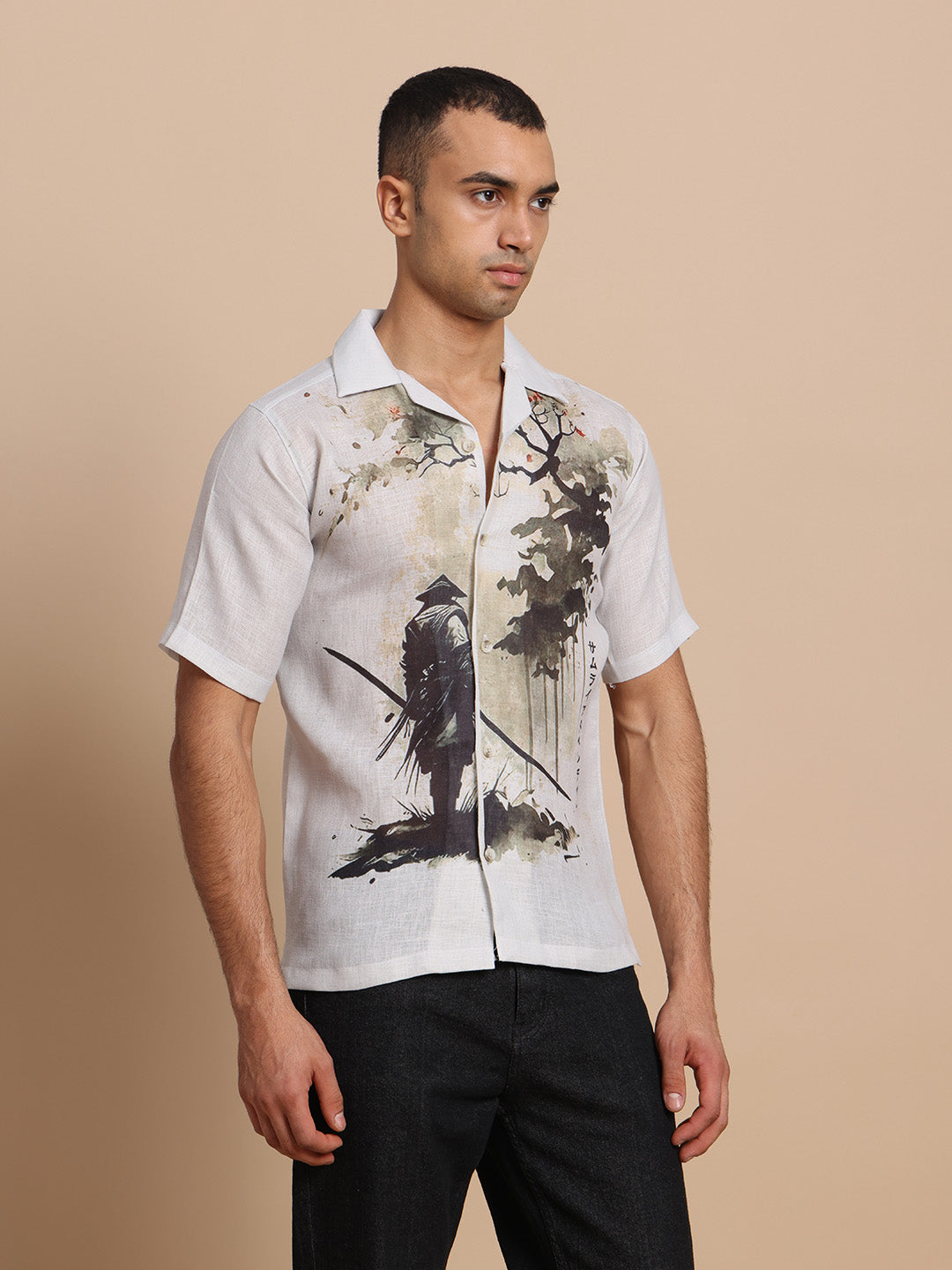 Cuban Collar Shirts Grey Forest print