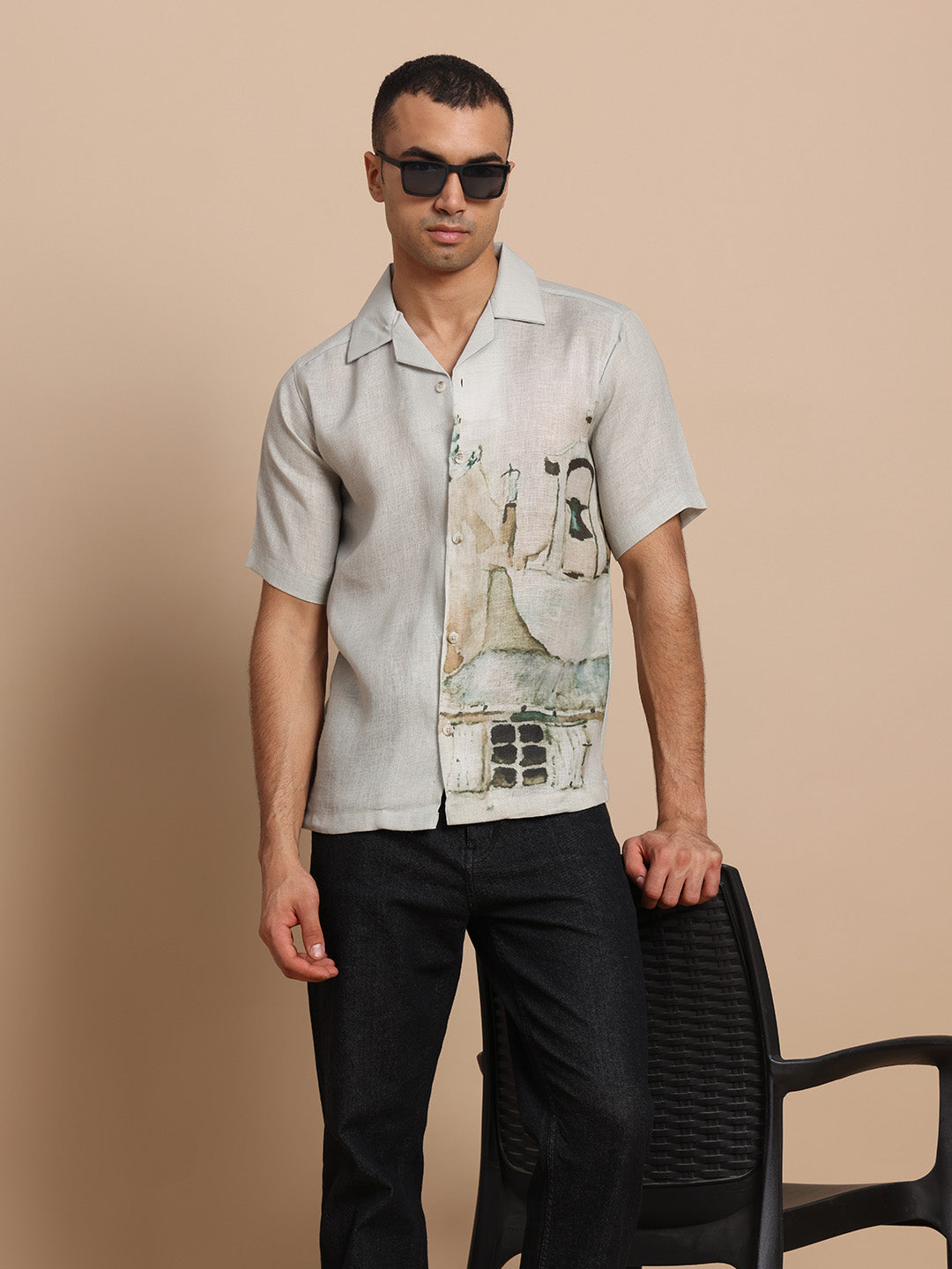 Men’s Cuban Collar Black Grey Print Shirt