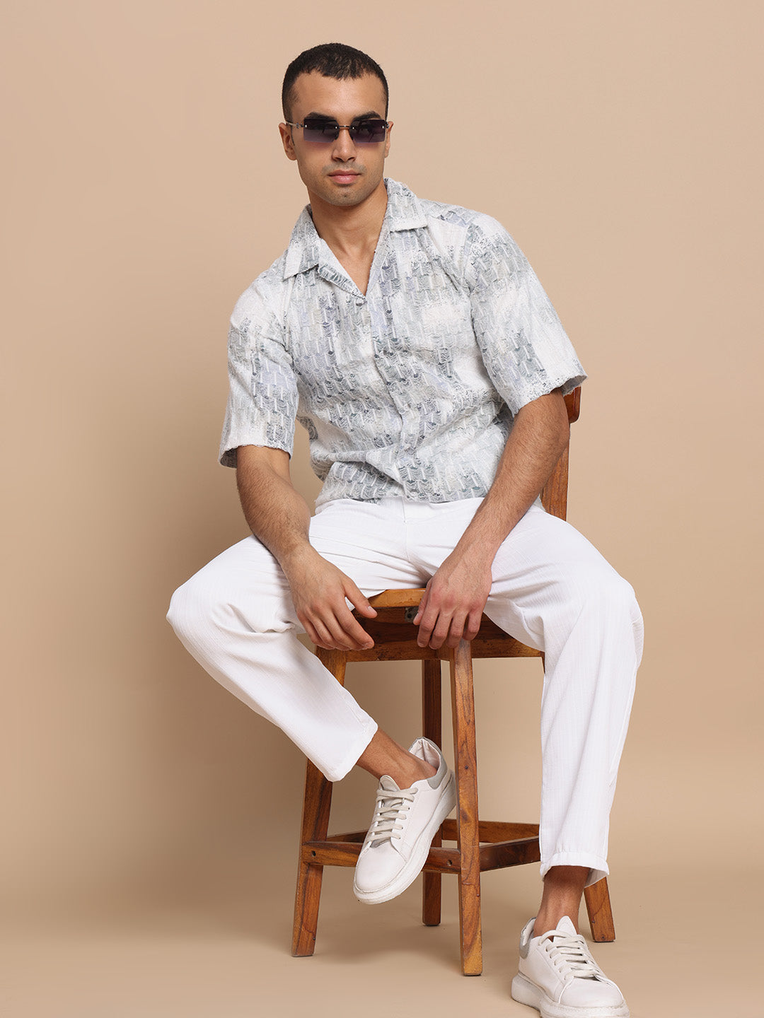 Men’s Cuban Collar White Threads Shirt