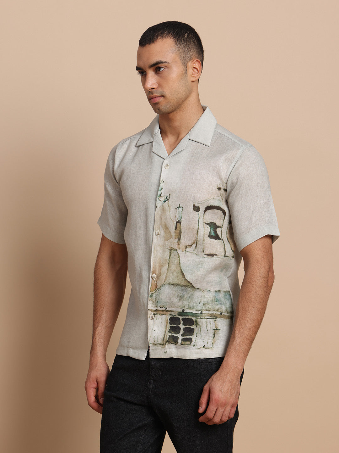 Men’s Cuban Collar Black Grey Print Shirt