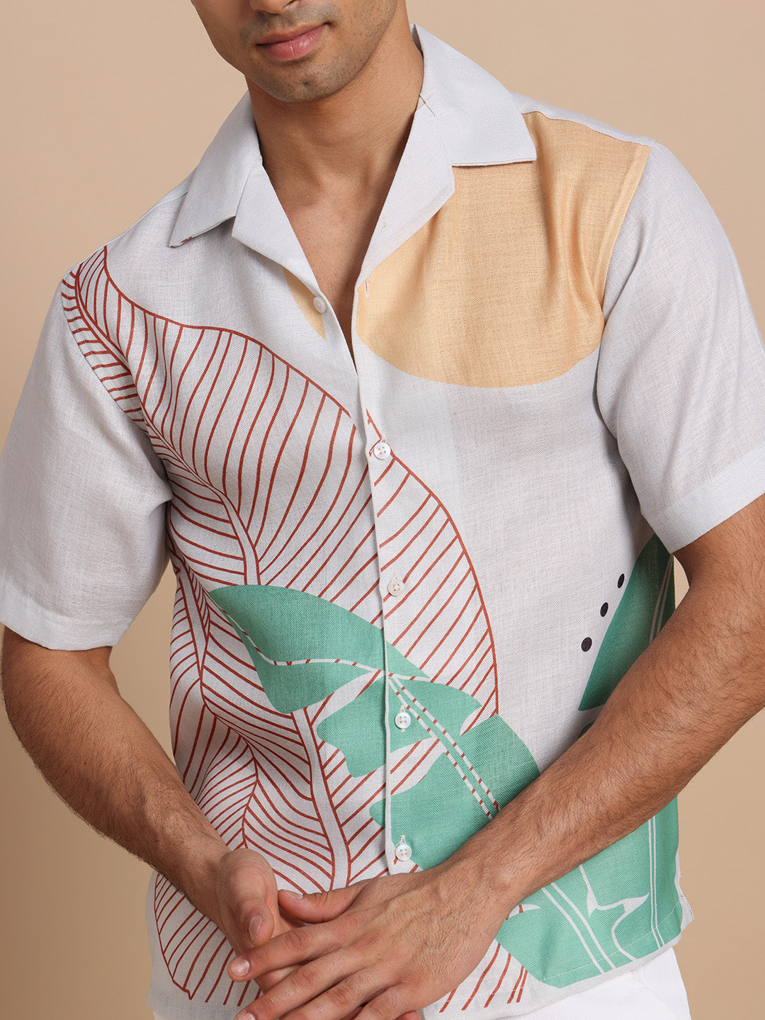 Men’s Cuban Collar Yellow and Green Print Shirt