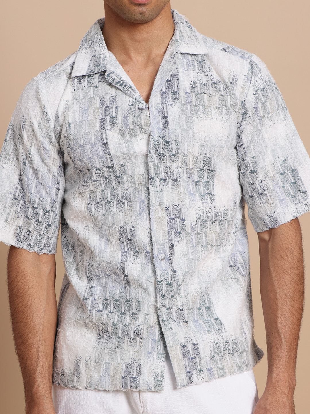 Men’s Cuban Collar White Threads Shirt