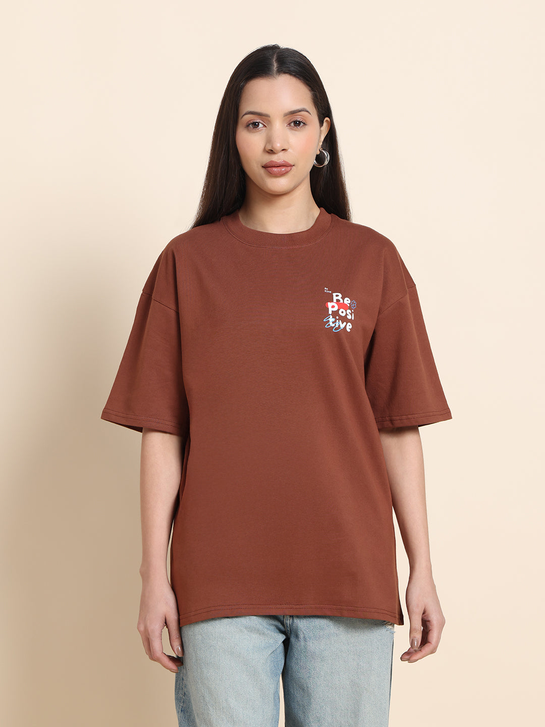 Women’s Oversized French Terry Cotton T-Shirt – Brown | Be Positive Print
