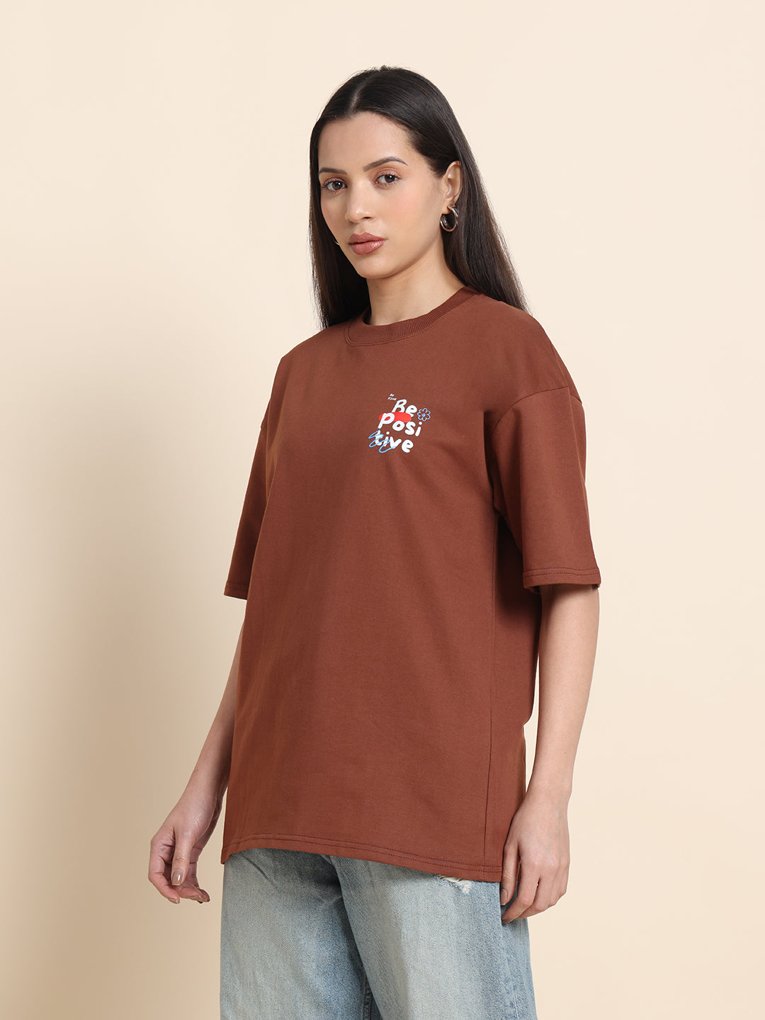 Women’s Oversized French Terry Cotton T-Shirt – Brown | Be Positive Print