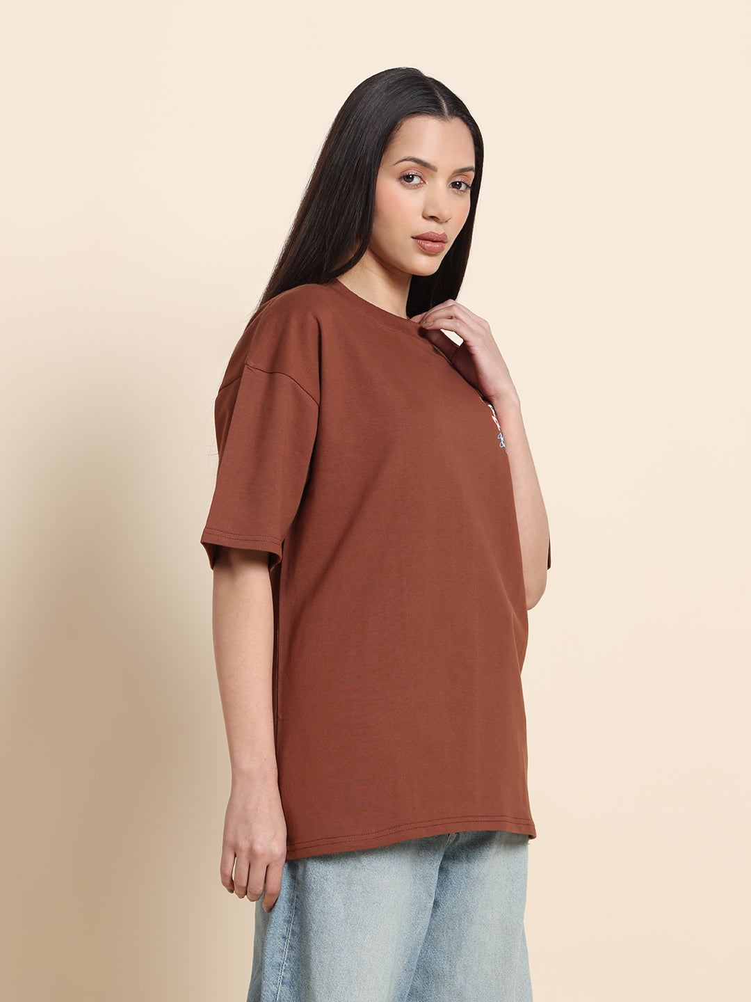 Women’s Oversized French Terry Cotton T-Shirt – Brown | Be Positive Print