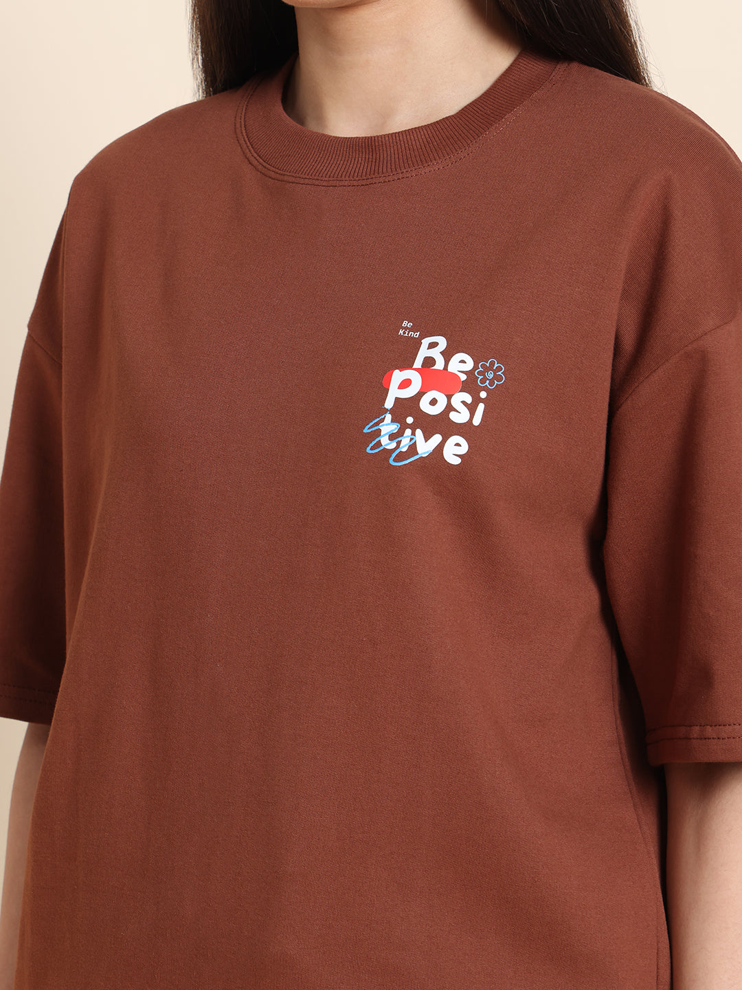 Women’s Oversized French Terry Cotton T-Shirt – Brown | Be Positive Print