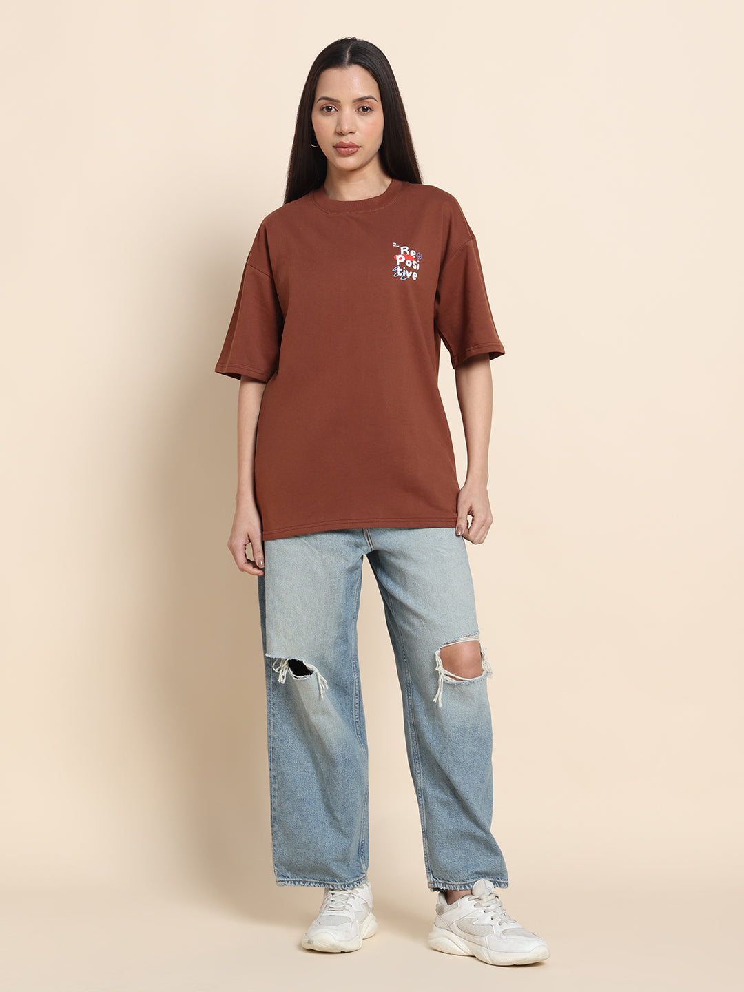 Women’s Oversized French Terry Cotton T-Shirt – Brown | Be Positive Print