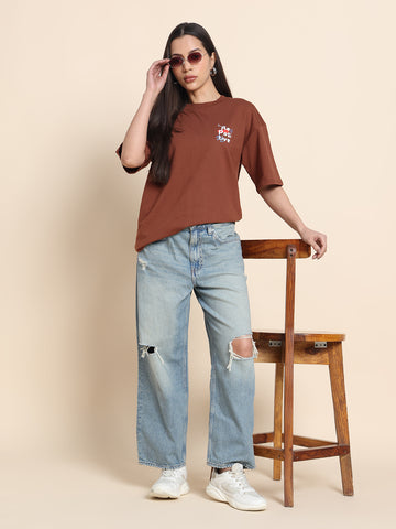Women’s Oversized French Terry Cotton T-Shirt – Brown | Be Positive Print