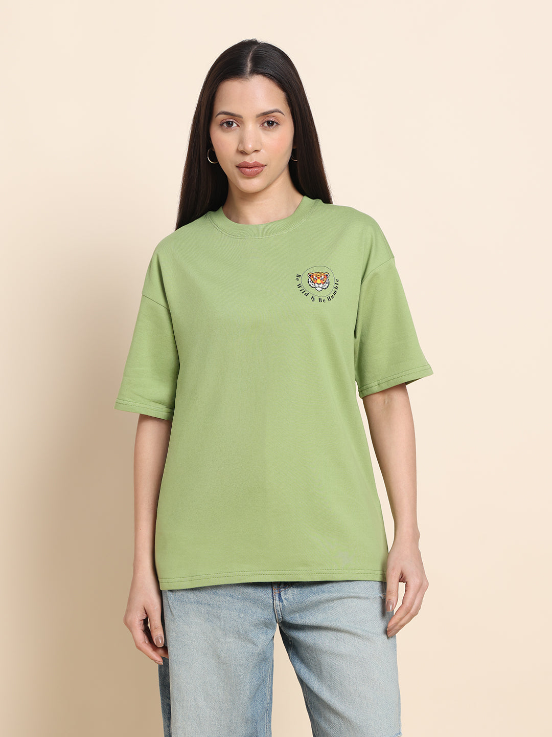 Women’s Oversized French Terry Cotton T-Shirt – Green | Wild Animal Print