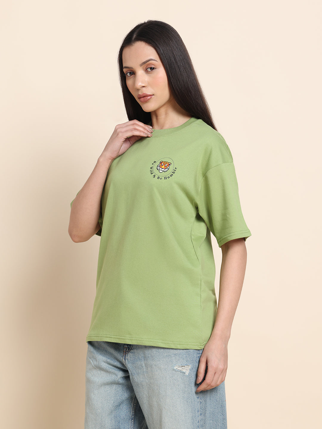 Women’s Oversized French Terry Cotton T-Shirt – Green | Wild Animal Print