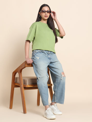 Women’s Oversized French Terry Cotton T-Shirt – Green | Wild Animal Print