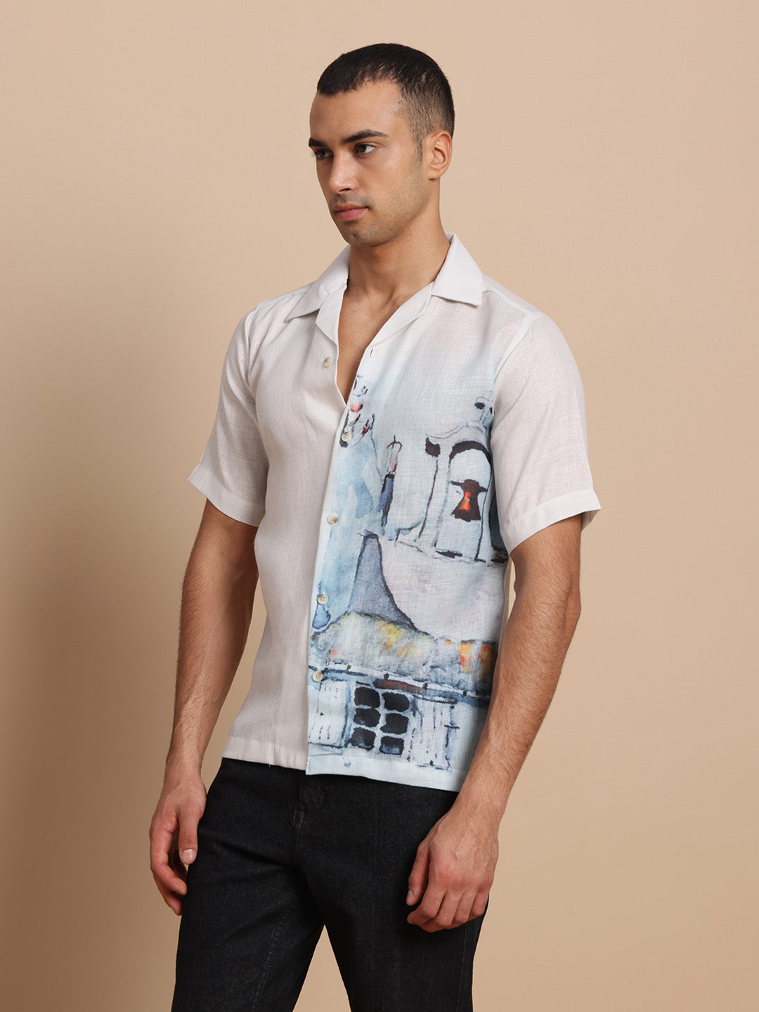 Cuban Collar Shirts Sky blue print