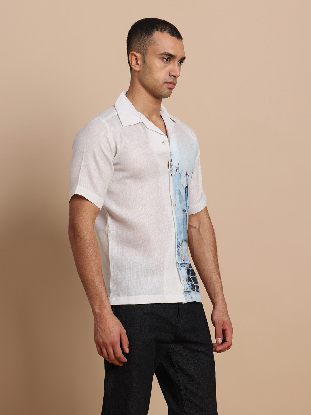 Cuban Collar Shirts Sky blue print