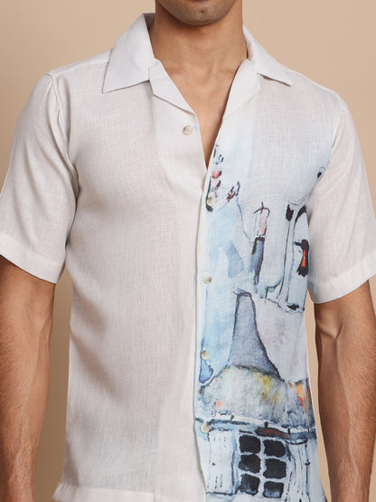 Cuban Collar Shirts Sky blue print