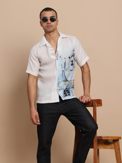 Cuban Collar Shirts Sky blue print