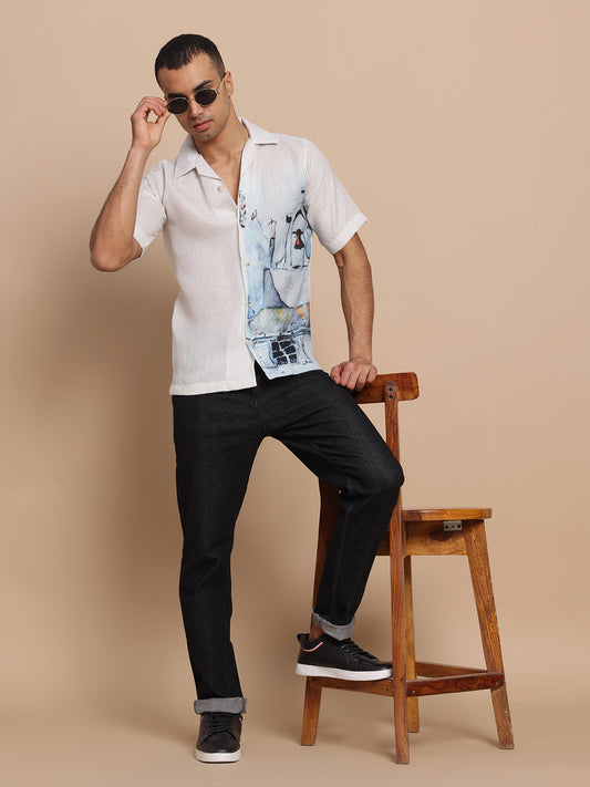 Cuban Collar Shirts Sky blue print