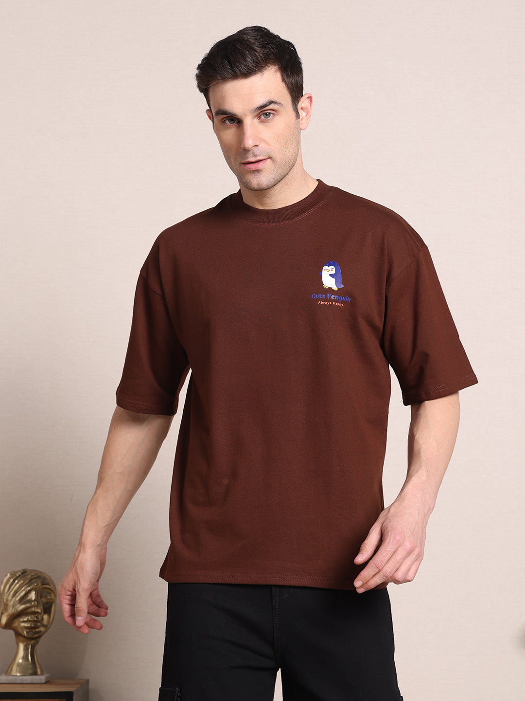 Men's Oversized French Terry Cotton T-Shirt – Chicory Coffee Brown with Cute Penguin Print
