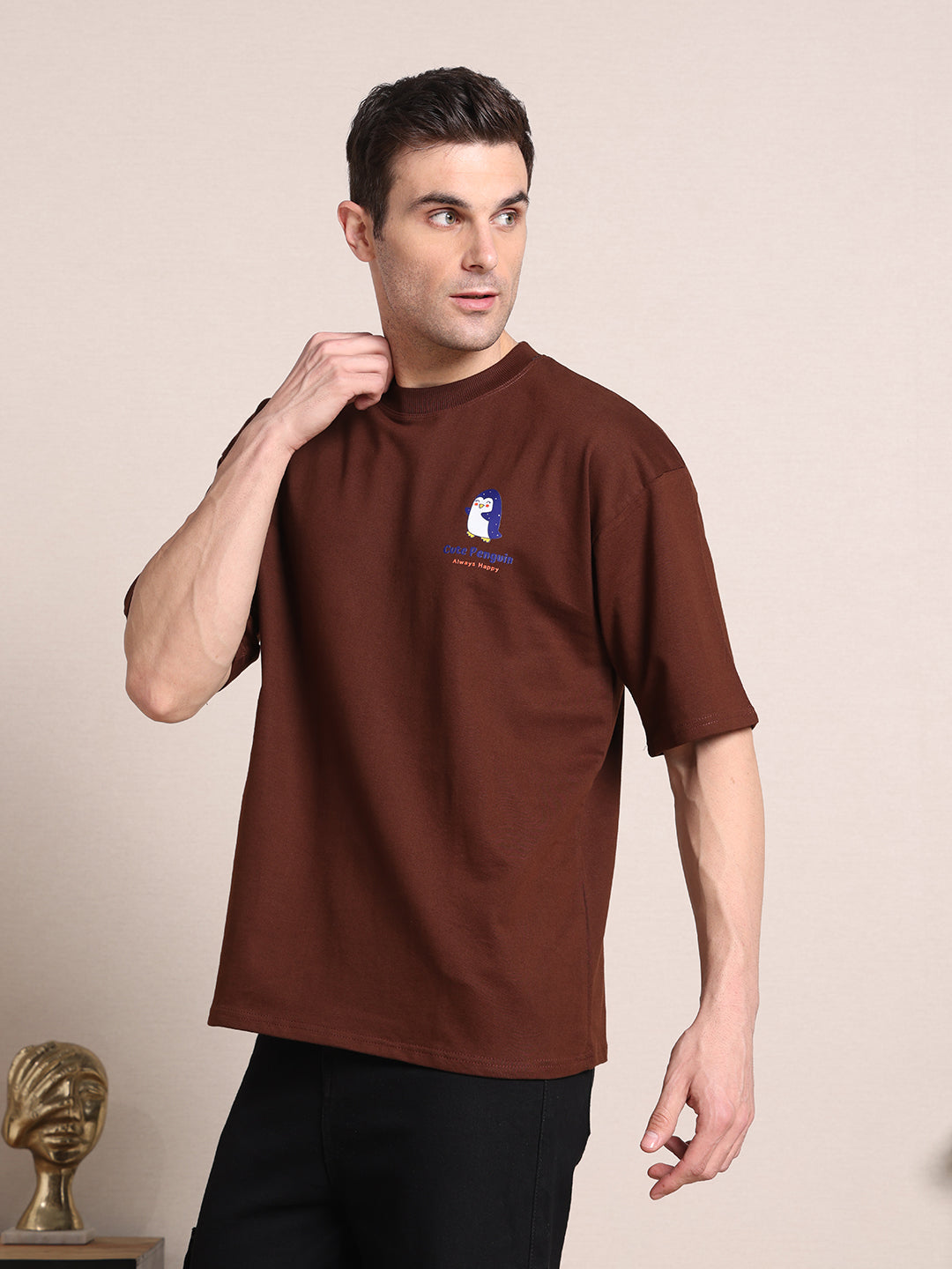 Men's Oversized French Terry Cotton T-Shirt – Chicory Coffee Brown with Cute Penguin Print
