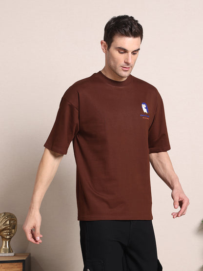 Men's Oversized French Terry Cotton T-Shirt – Chicory Coffee Brown with Cute Penguin Print