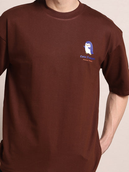 Men's Oversized French Terry Cotton T-Shirt – Chicory Coffee Brown with Cute Penguin Print