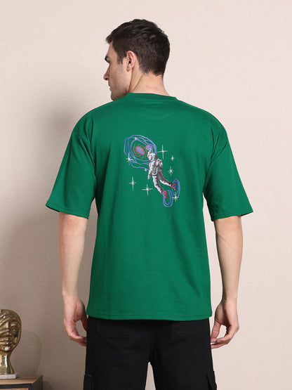 Men's Oversized French Terry Cotton T-Shirt – Fern Green with Astronaut Print