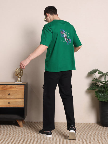 Men's Oversized French Terry Cotton T-Shirt – Fern Green with Astronaut Print