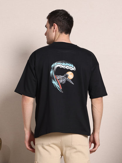 Men's Oversized T-Shirt – Black | Astronaut Wave Print | 240 GSM French Terry Cotton