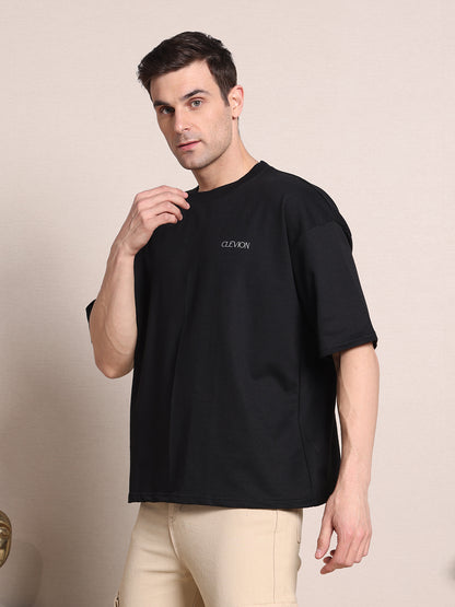 Men's Oversized T-Shirt – Black | Astronaut Wave Print | 240 GSM French Terry Cotton