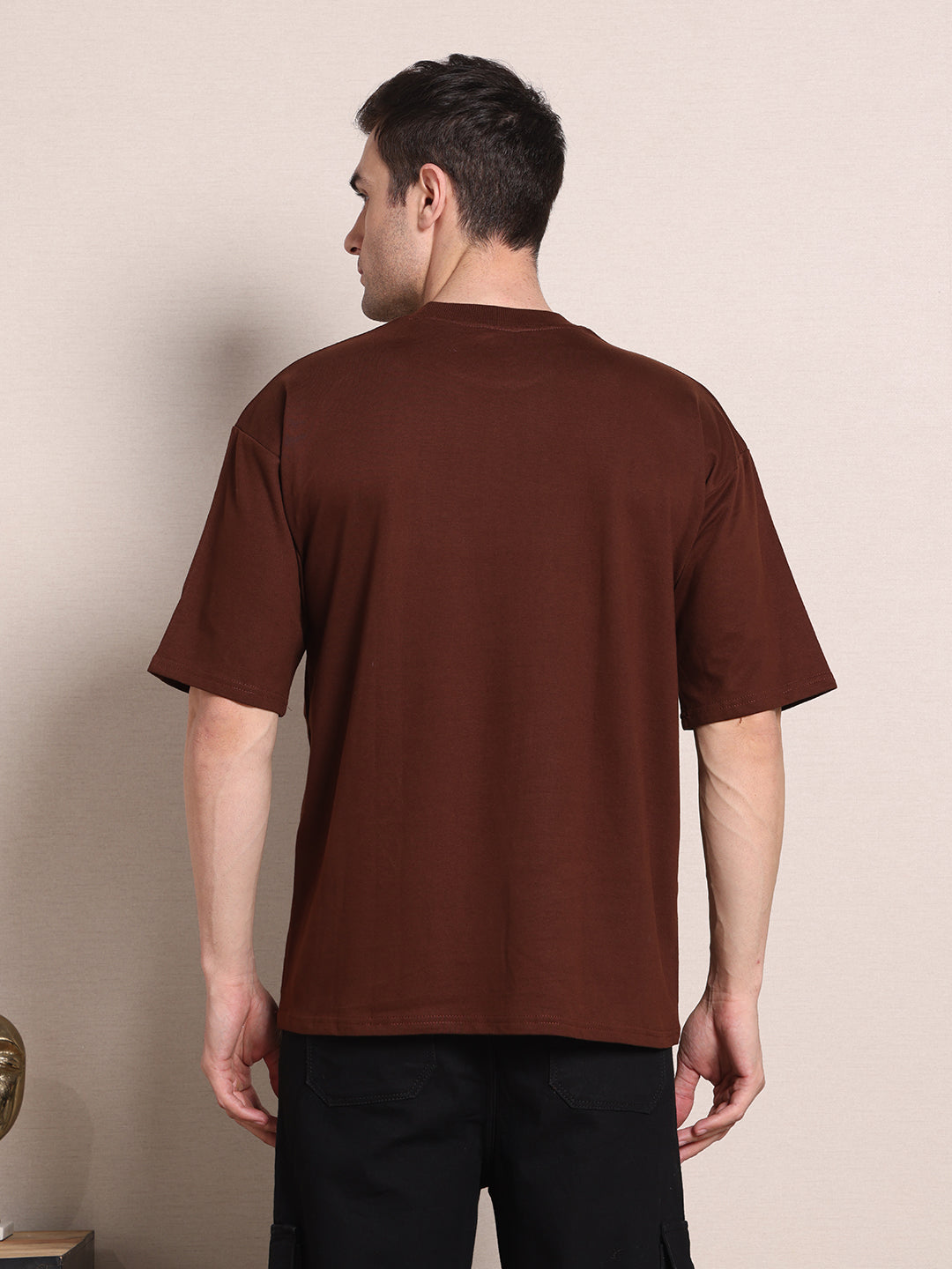 Clevion Men's Oversized French Terry Cotton T-Shirt – Chicory Coffee Brown with Cute Penguin Print