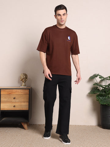 Clevion Men's Oversized French Terry Cotton T-Shirt – Chicory Coffee Brown with Cute Penguin Print