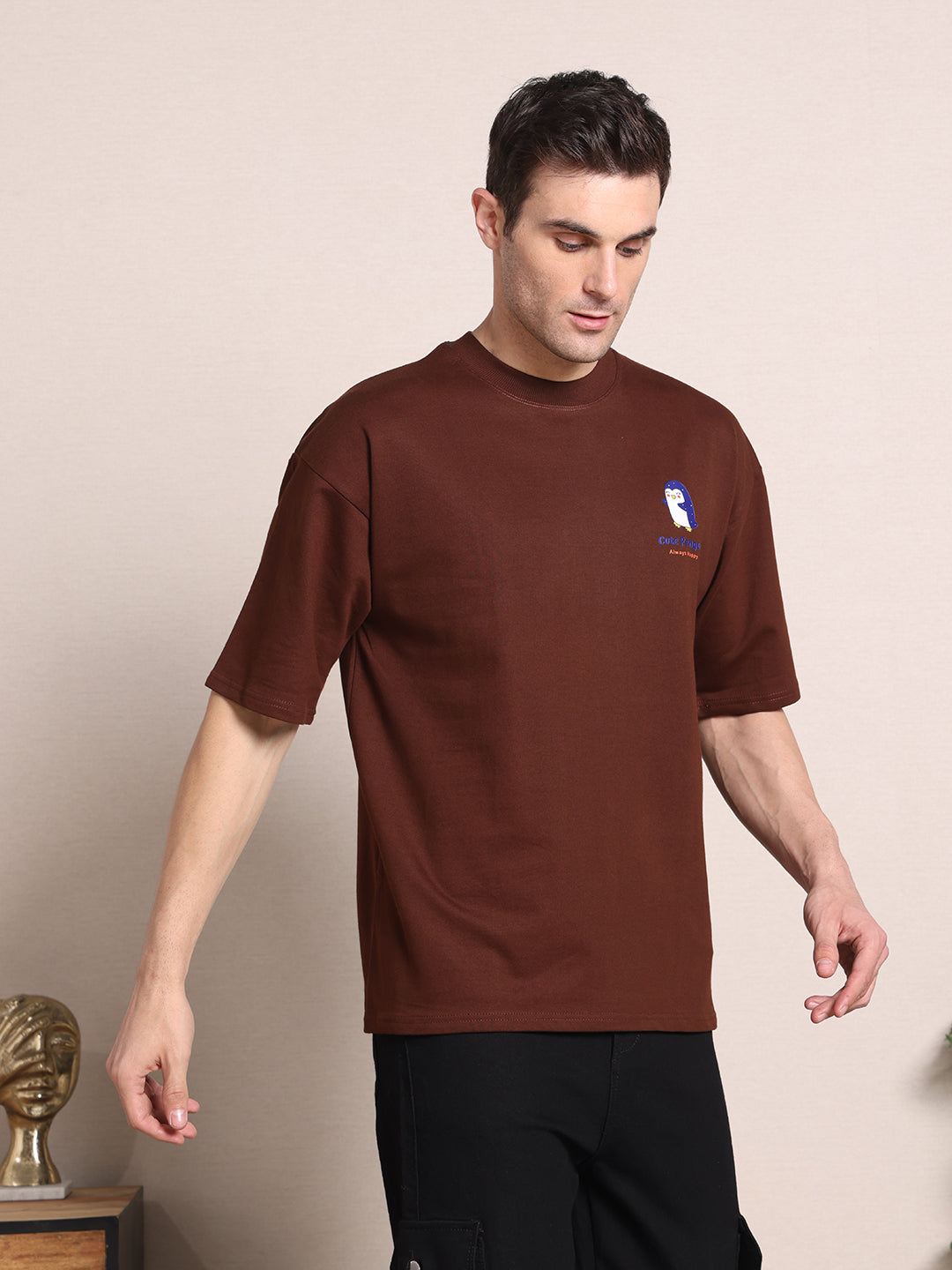 Clevion Men's Oversized French Terry Cotton T-Shirt – Chicory Coffee Brown with Cute Penguin Print