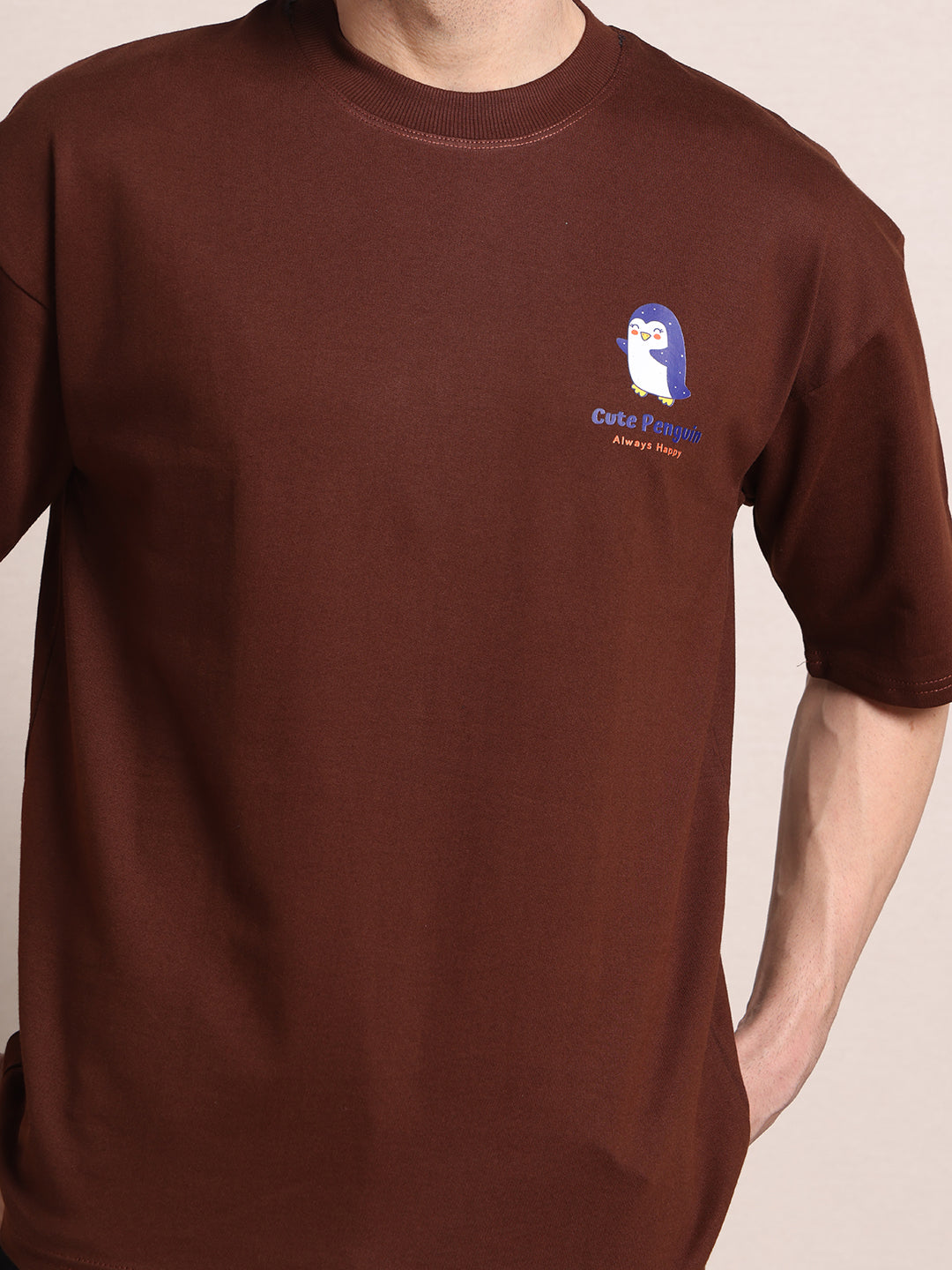 Clevion Men's Oversized French Terry Cotton T-Shirt – Chicory Coffee Brown with Cute Penguin Print