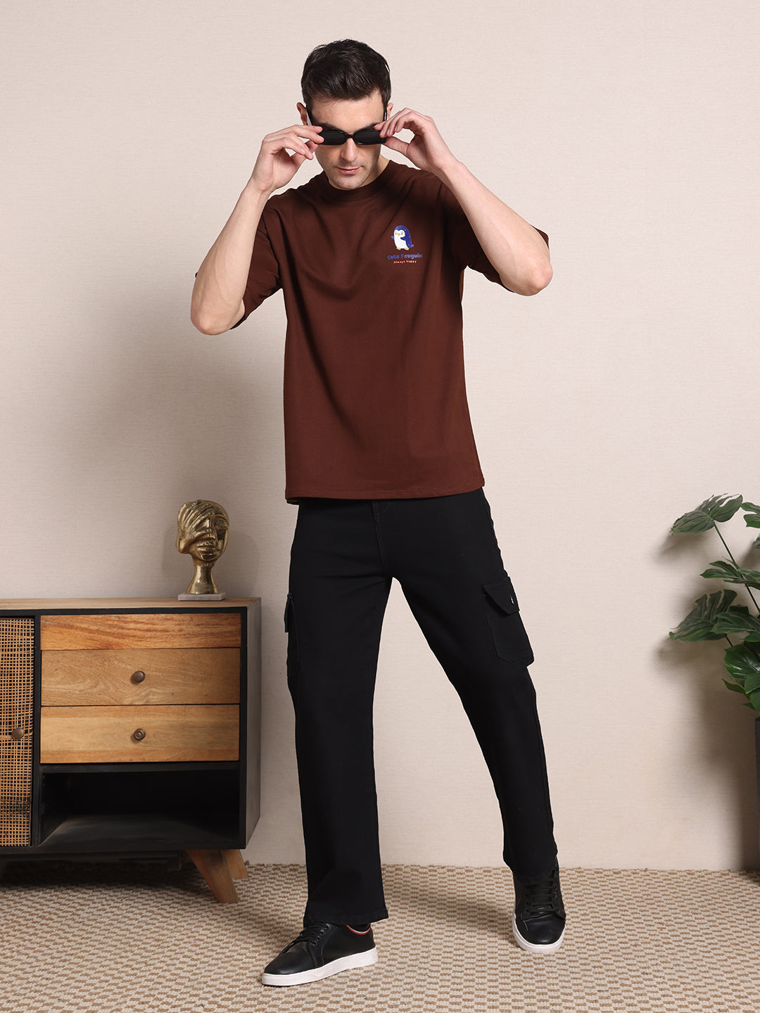 Clevion Men's Oversized French Terry Cotton T-Shirt – Chicory Coffee Brown with Cute Penguin Print