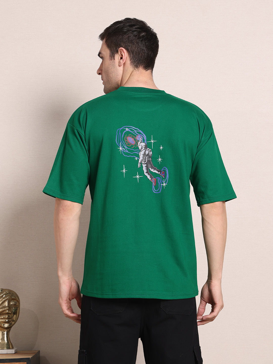 Clevion Women's Oversized French Terry Cotton T-Shirt – Fern Green with Astronaut Print