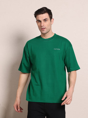 Clevion Women's Oversized French Terry Cotton T-Shirt – Fern Green with Astronaut Print