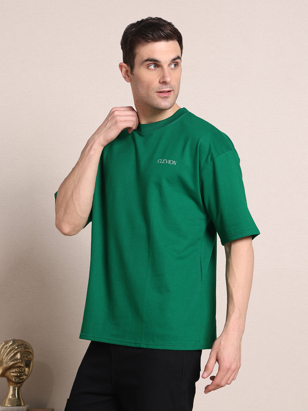 Clevion Women's Oversized French Terry Cotton T-Shirt – Fern Green with Astronaut Print