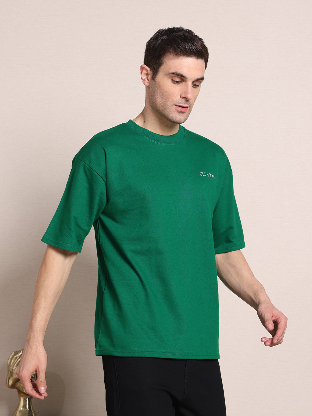 Clevion Women's Oversized French Terry Cotton T-Shirt – Fern Green with Astronaut Print