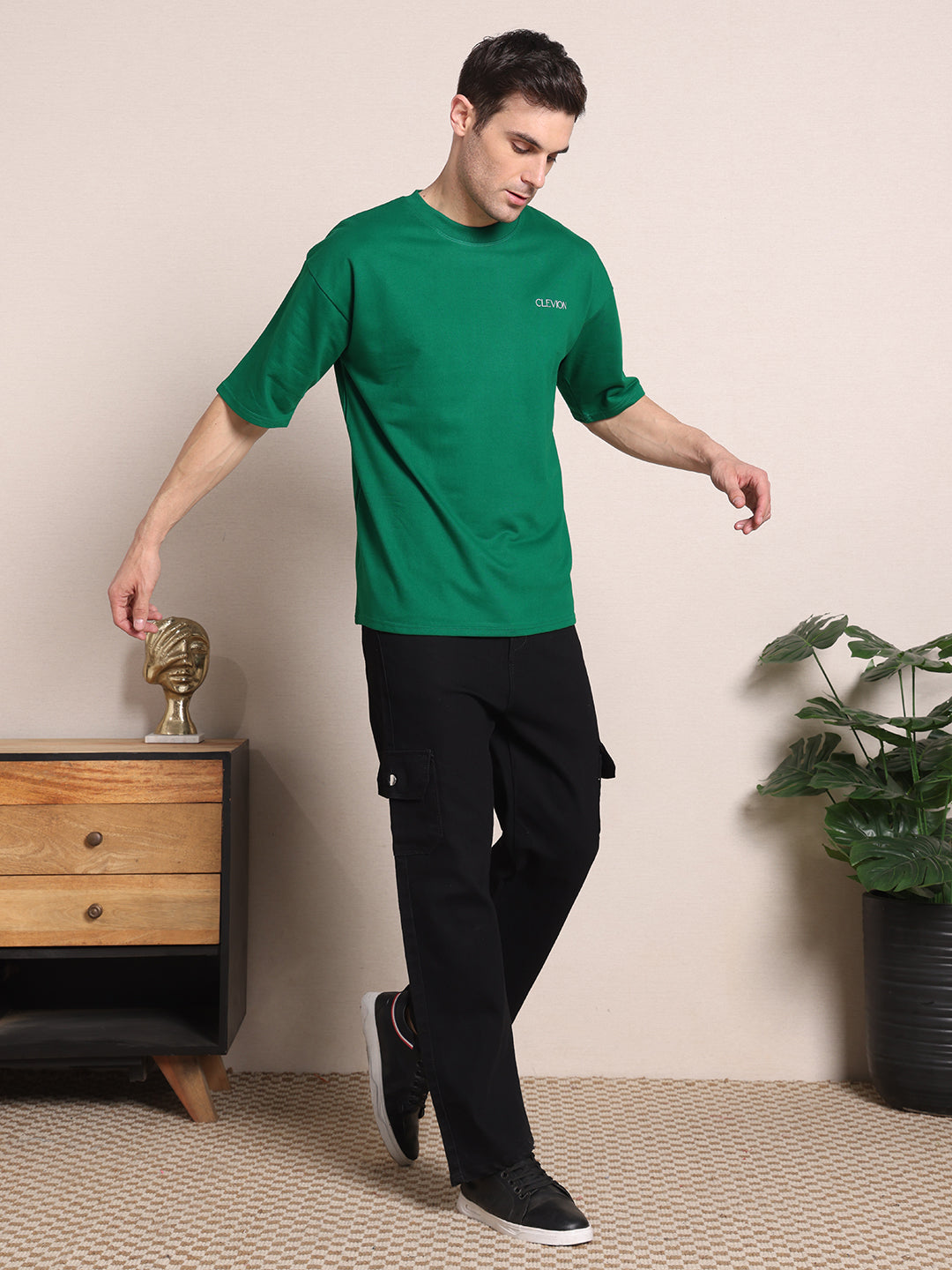 Clevion Women's Oversized French Terry Cotton T-Shirt – Fern Green with Astronaut Print