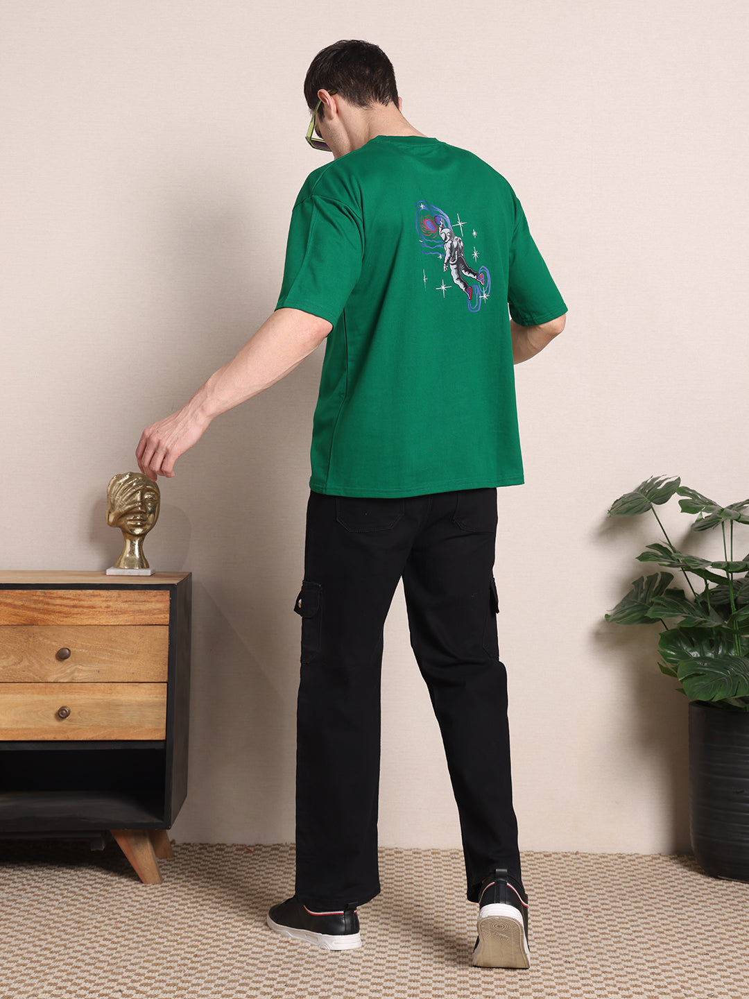 Clevion Women's Oversized French Terry Cotton T-Shirt – Fern Green with Astronaut Print