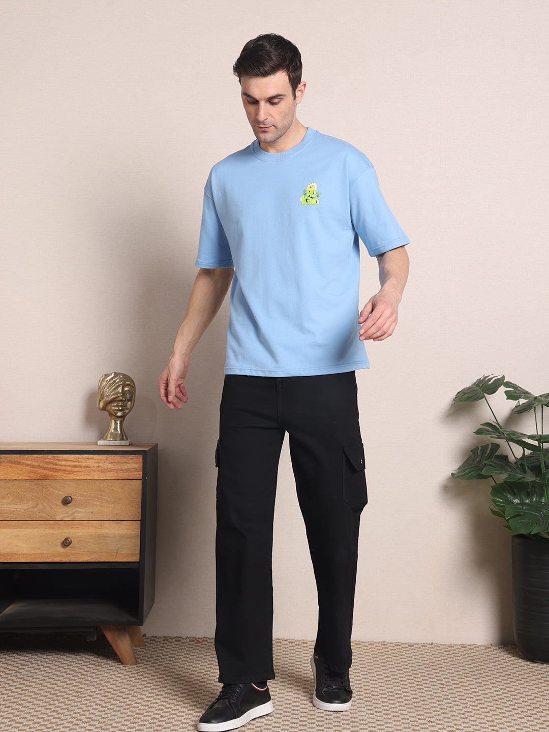 Clevion Men's Oversized French Terry Cotton T-Shirt – Sky Blue | Be Kind Print