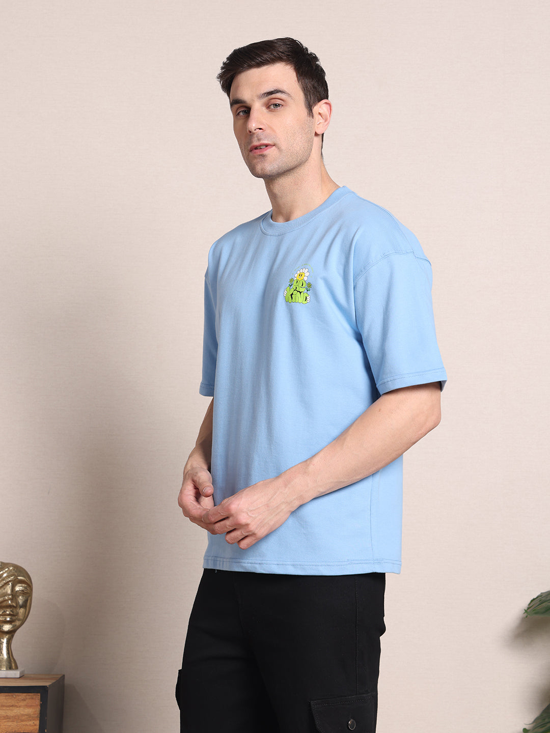 Clevion Men's Oversized French Terry Cotton T-Shirt – Sky Blue | Be Kind Print